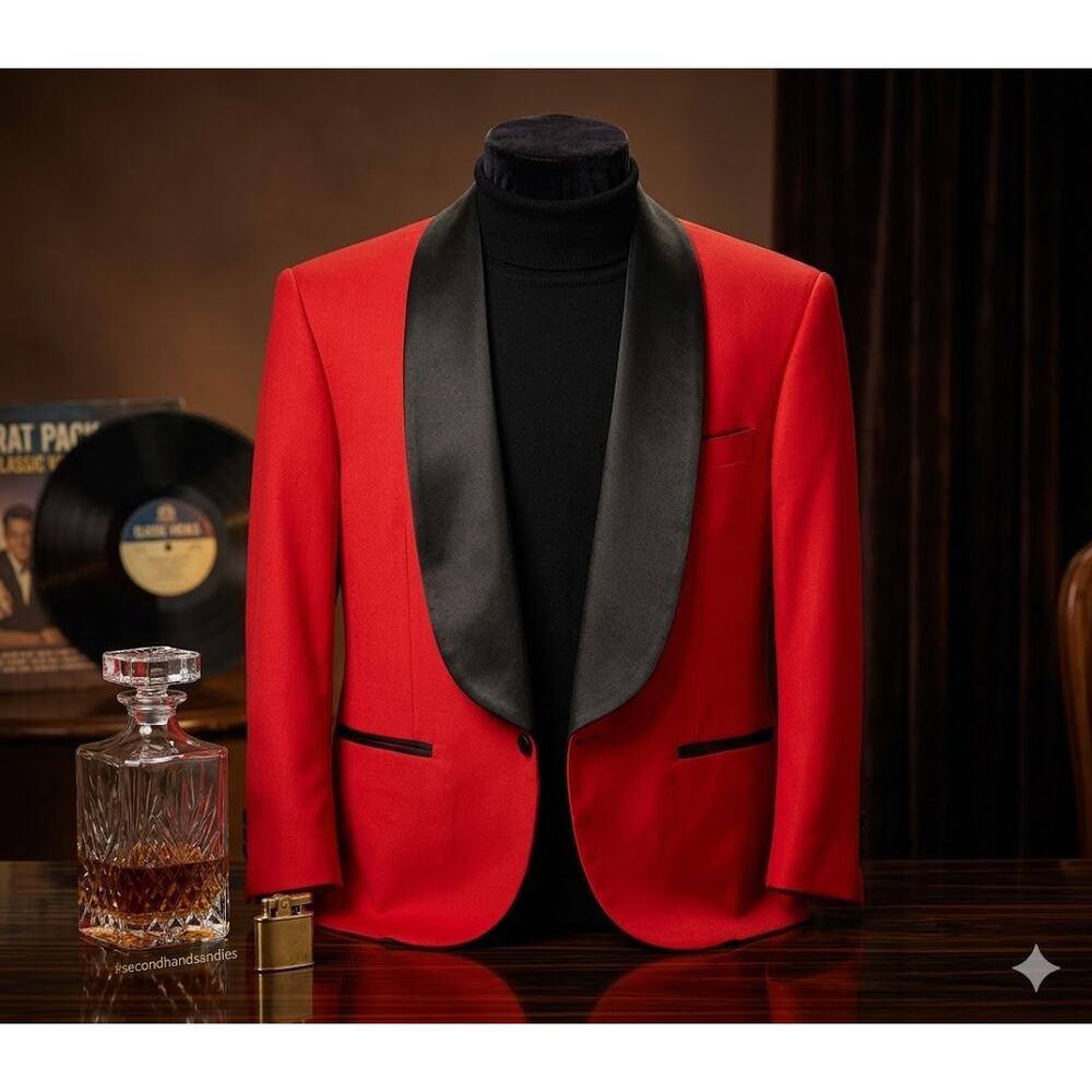 Custom Made Red Smoking Jacket Black Piping Lapel Mens XL Shoulder Pads